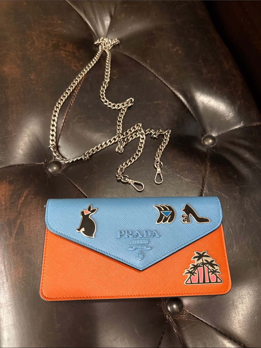 Prada Colorblock Saffiano Crossbody Wallet - Blue & Orange with Enamel Pins